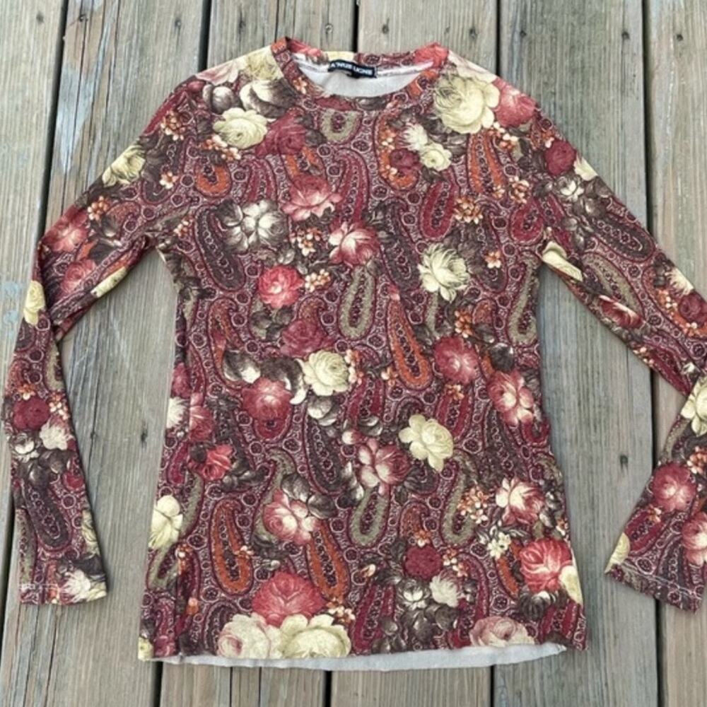A'NUE LIGNE Long Sleeve Layered Mesh Y2K Paisley Top Size S